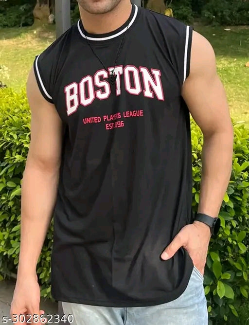 Boston Sleevless Round Neck Cotton Blend T-shirt for Men's