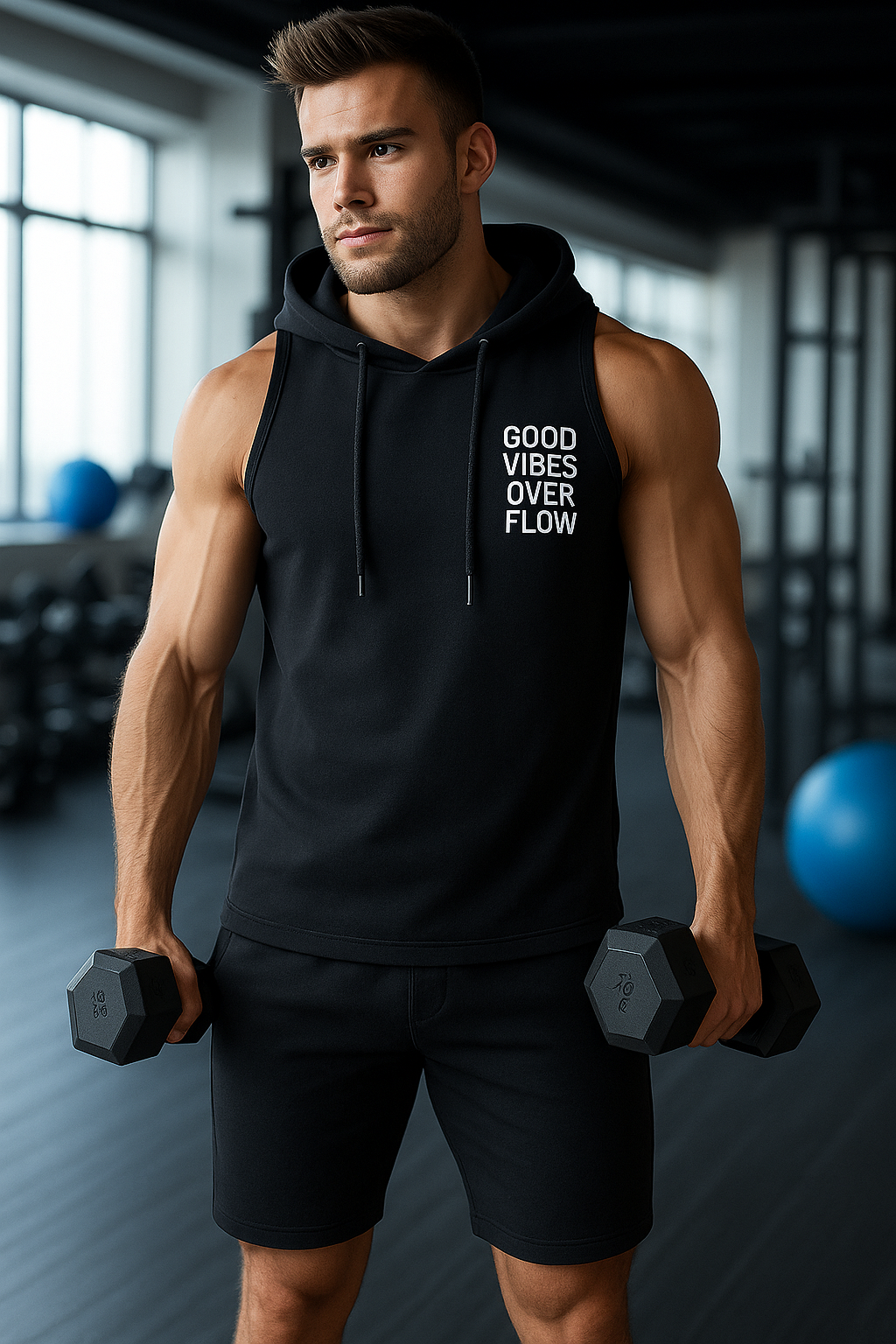 "GOOD VIBES OVERFLOW" Men's Sleeveless Gym Hoodie