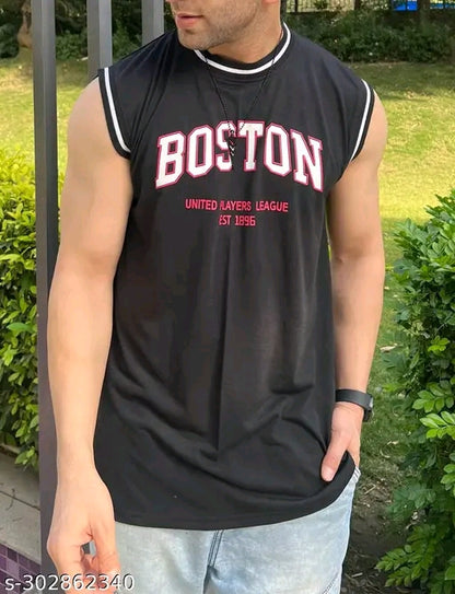 Boston Sleevless Round Neck Cotton Blend T-shirt for Men's